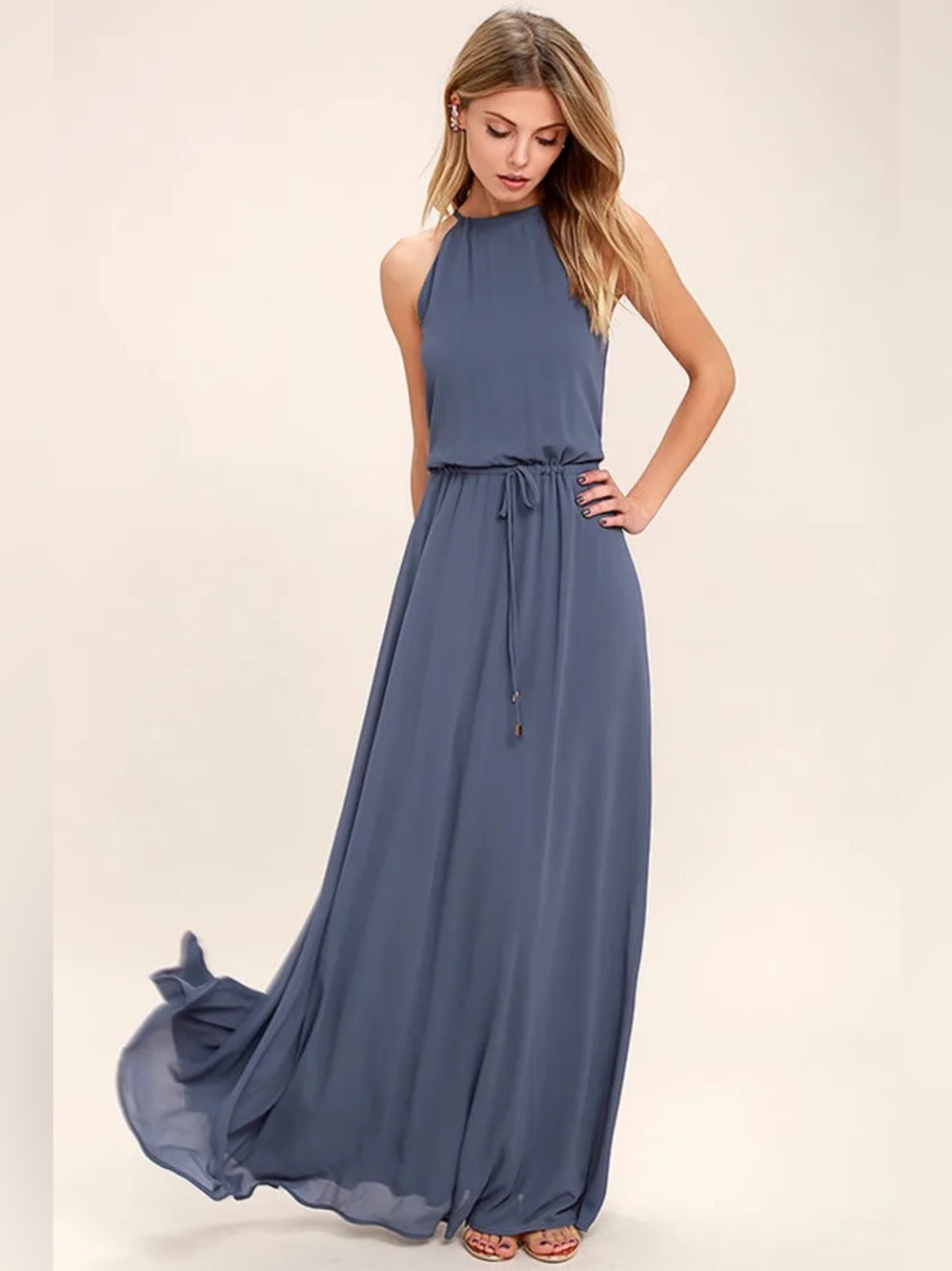 Lulus Be Mellow Denim Blue Maxi Dress Size L NWT Halter Neck Cinched Waist Flowy